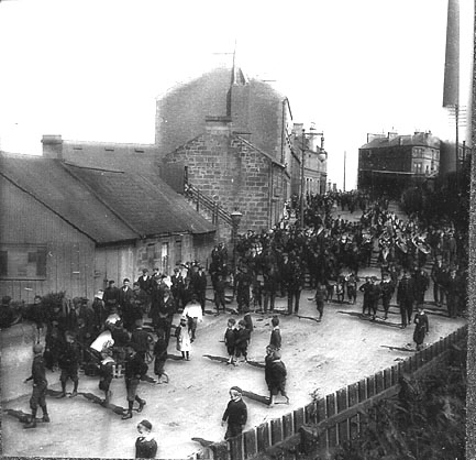 Shepherds Friendly Society Parade - circa 1890 - Marching down Hamilton Road towards the juction at Main Street & Clydeford Road. The gap in the buildings in the background is Westburn Road.